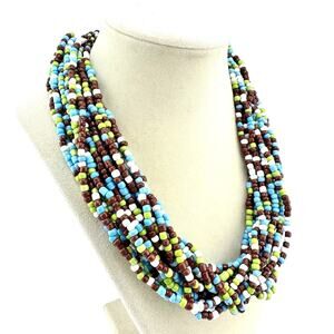 Handmade Chunky Multistrand Blue Brown Green White Glass Bead 19” Necklace